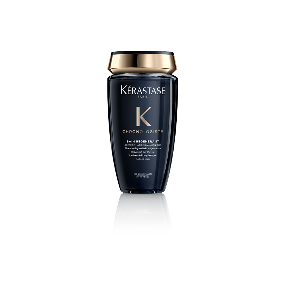 Botella de Bain Chronologiste de Kérastase, shampoo revitalizante en envase de 250 ml.